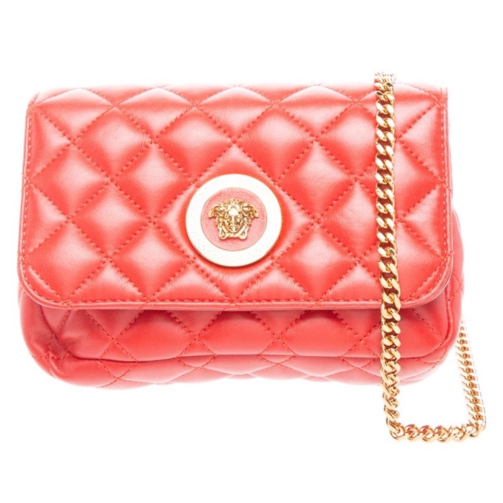 Versace Quilted Bright-Red Leather Crossbody with Gold Chain